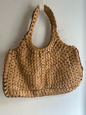 Fashion Express Woven Faux Leather Shoulder Bag Tan Boho Braided Hobo Purse